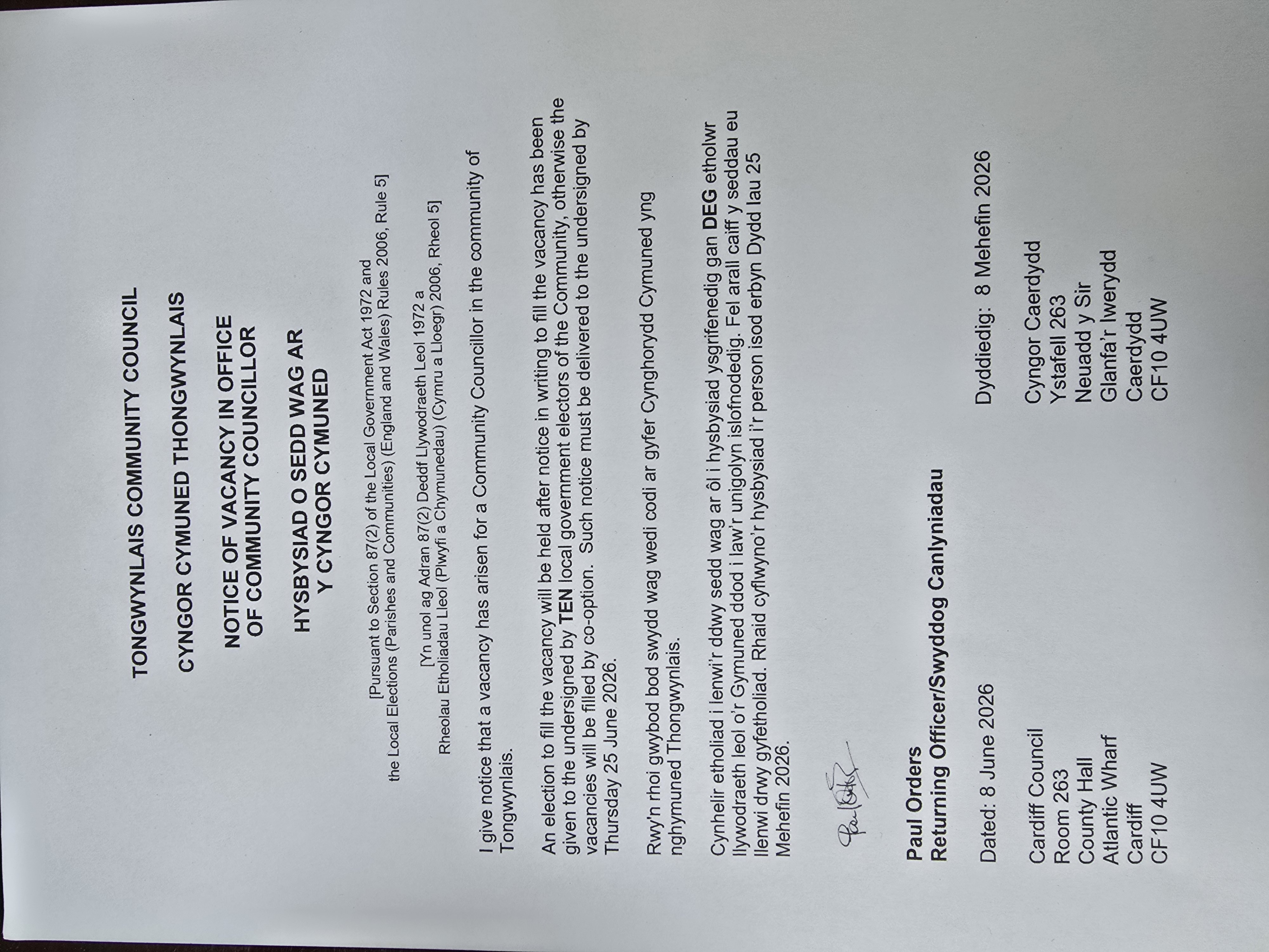 Notice of Community Councillor Vacancy